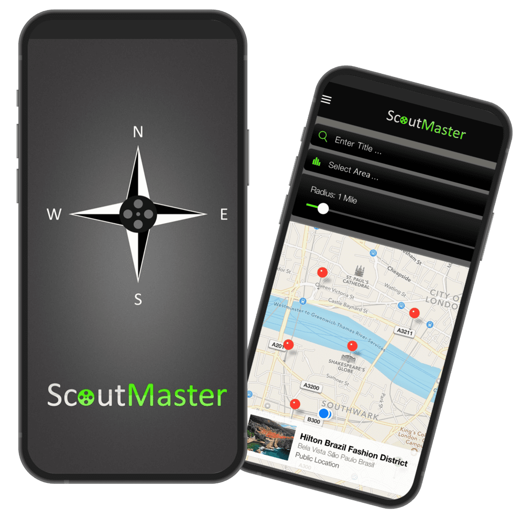 Scout Master Mobile App view on two phones one with the homepage main view and the second view of map locations